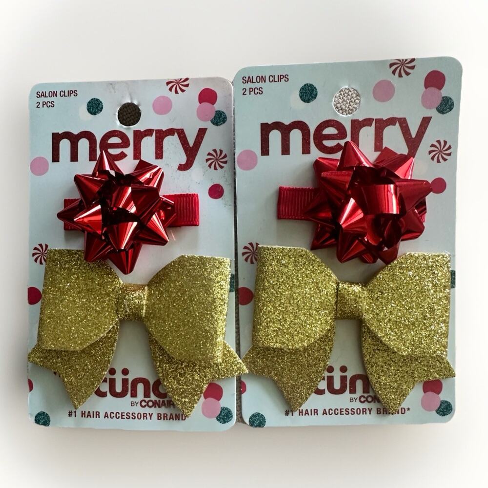 Scünci Holiday Red & Gold Gift Bow Hair Clips | Set of 2 Packs | Christmas Clips